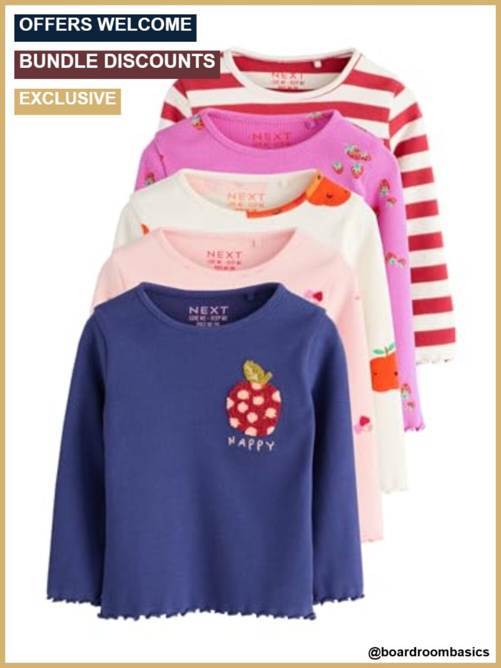 Girls Long Sleeve Ribbed Tops 5 Pack Cotton Rich Jersey Crew Neck